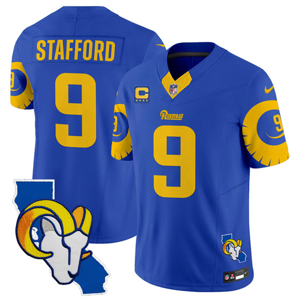 Men's Royal Los Angeles Rams #9 Matthew Stafford 2025 4-Star C Patch F.U.S.E. V2 Limited Stitched Football Jersey